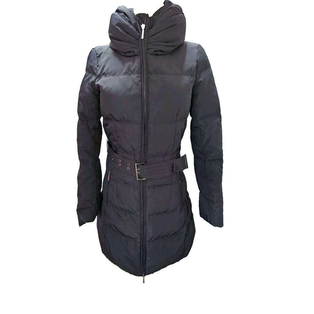 Zara Womens Down Jacket High Neck Puffer Long Coat Belted Black Pocket Zip Small